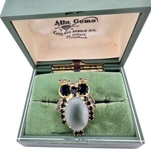 Vintage Rhinestone Owl Black White Gold Tone Adjustable Novelty Size 7.5 Ring